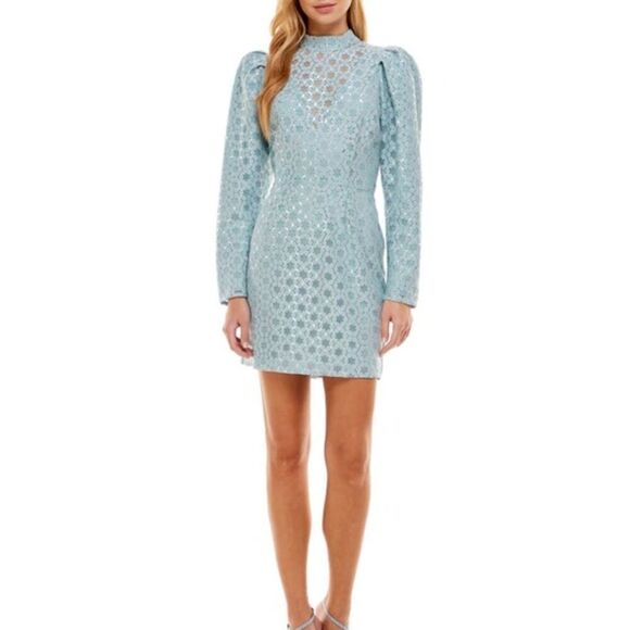 WAYF Dress Size Small Metallic Puff Long Sleeve Mini in Powder Blue Back Zip‎ - Picture 1 of 7